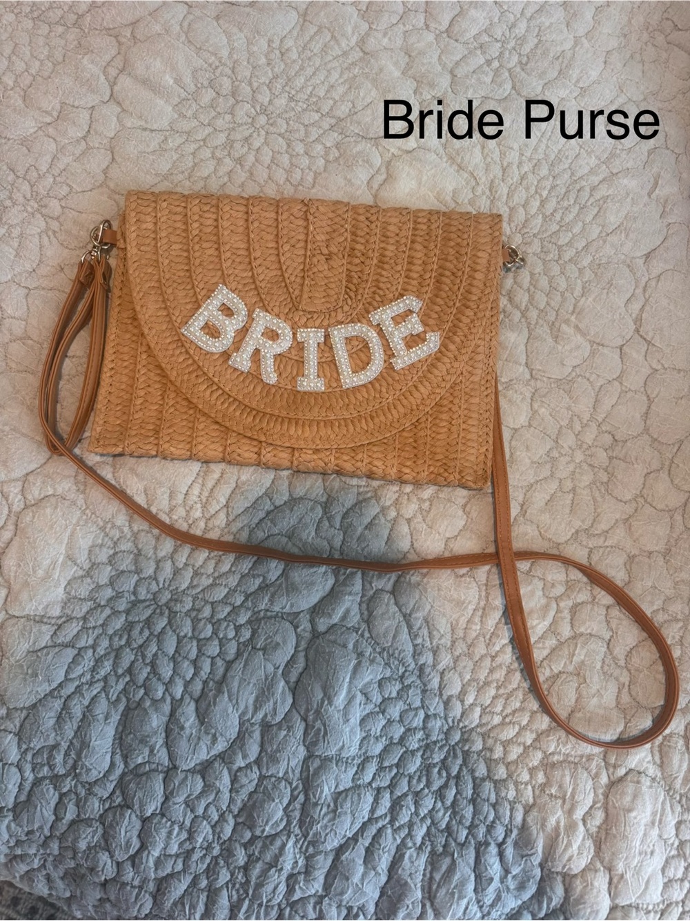 Bride Purse Tan Crossbody Bag with Pearl Lettering